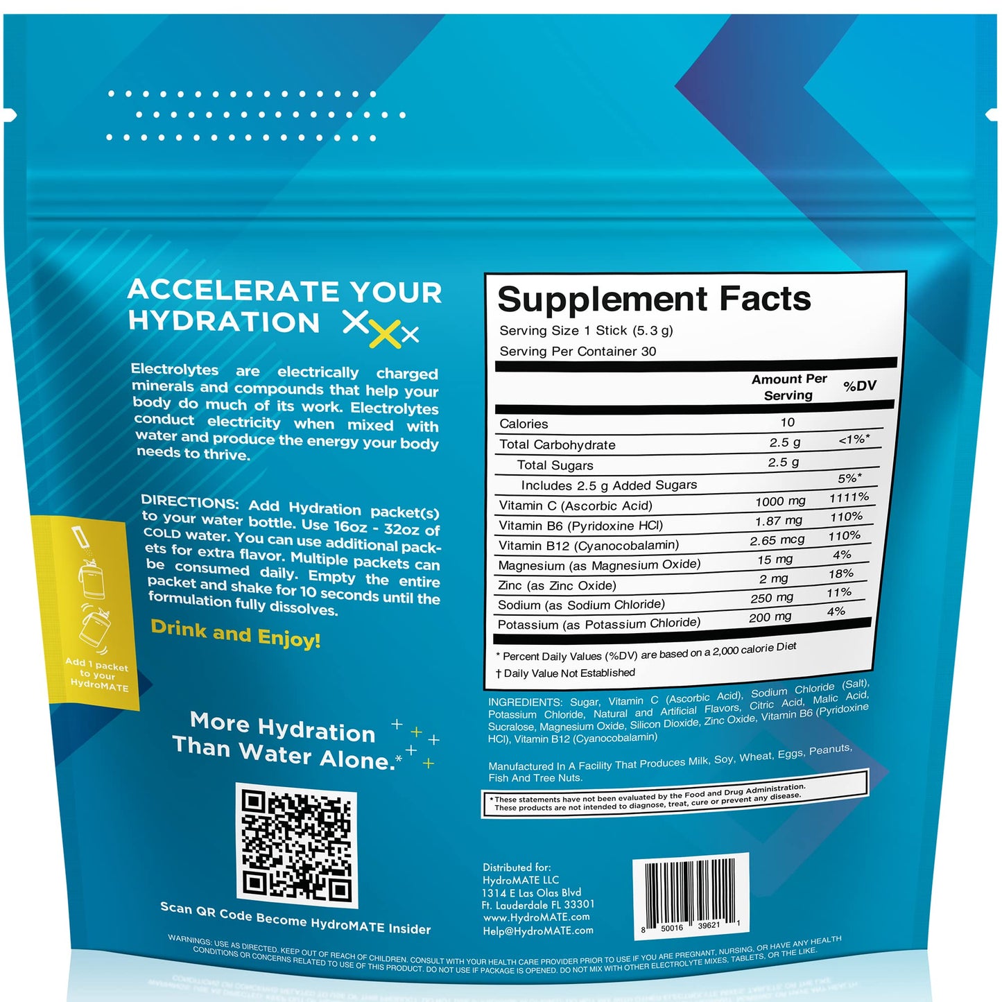 HydroMATE Electrolyte Powder Lemon Lime Hydration Packets Low Sugar 30 Count NatureWorks