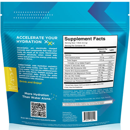 HydroMATE Electrolyte Powder Lemon Lime Hydration Packets Low Sugar 30 Count NatureWorks