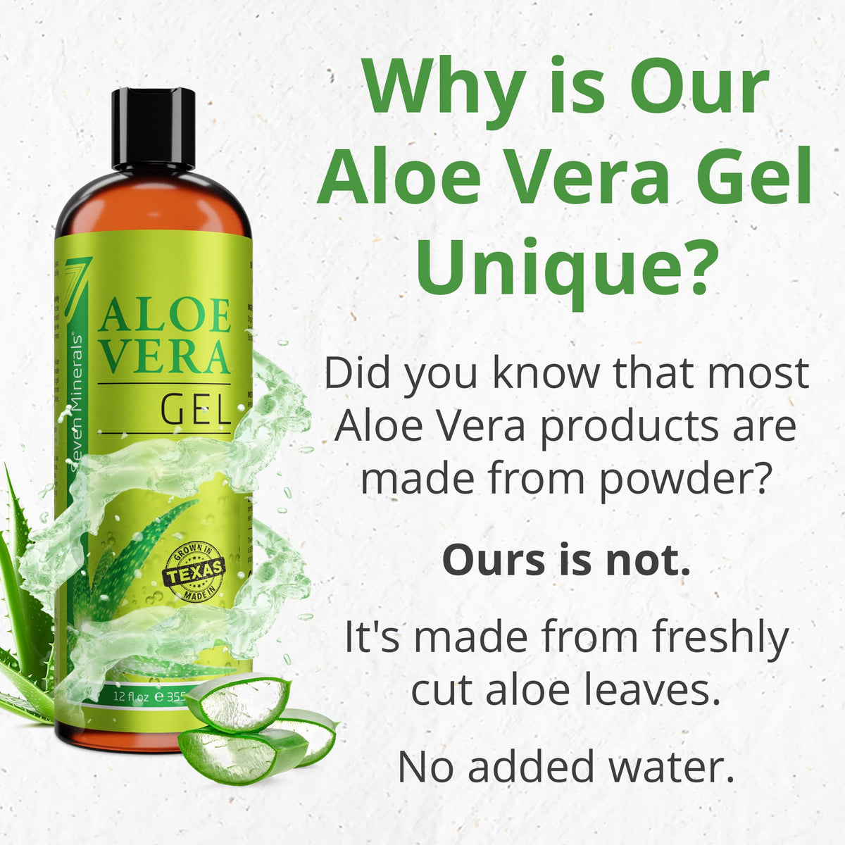 Seven Minerals Aloe Vera Gel with Freshly Cut Pure Organic Aloe - Big 12oz - Texas Grown, HighestQuality, Vegan, Unscented, Non-Sticky - After Sun, Skin & Face Moisturizer, Hair Mask Seven Minerals
