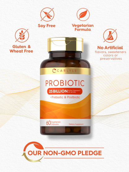 Carlyle Probiotic with Prebiotics & Postbiotics | 25 Billion CFU | 60 Capsules | Supplement for Women & Men | Powder Pills Carlyle