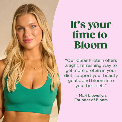 Bloom Clear Protein, Whey Protein Isolate with Collagen Peptides and Digestive Enzymes, 20g Protein, Sugar Free Post Workout Drink Mix, 90 Calories, Bloom Nutrition