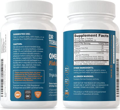 Dr. Tobias Omega 3 Fish Oil & Blood Pressure Support Supplements for Heart, Brain, Immune, Circulatory Health, with Vitamin C, B6, B12, Niacin, Folate & Herbs