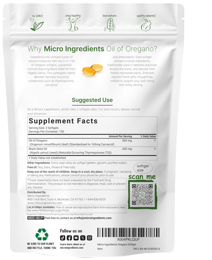Micro Ingredients Oil of Oregano Softgels, 300 Count | 2 in 1 Formulated | 4X Strength Carvacrol & Thymoquinone | Plant Based, Non-GMO Micro Ingredients