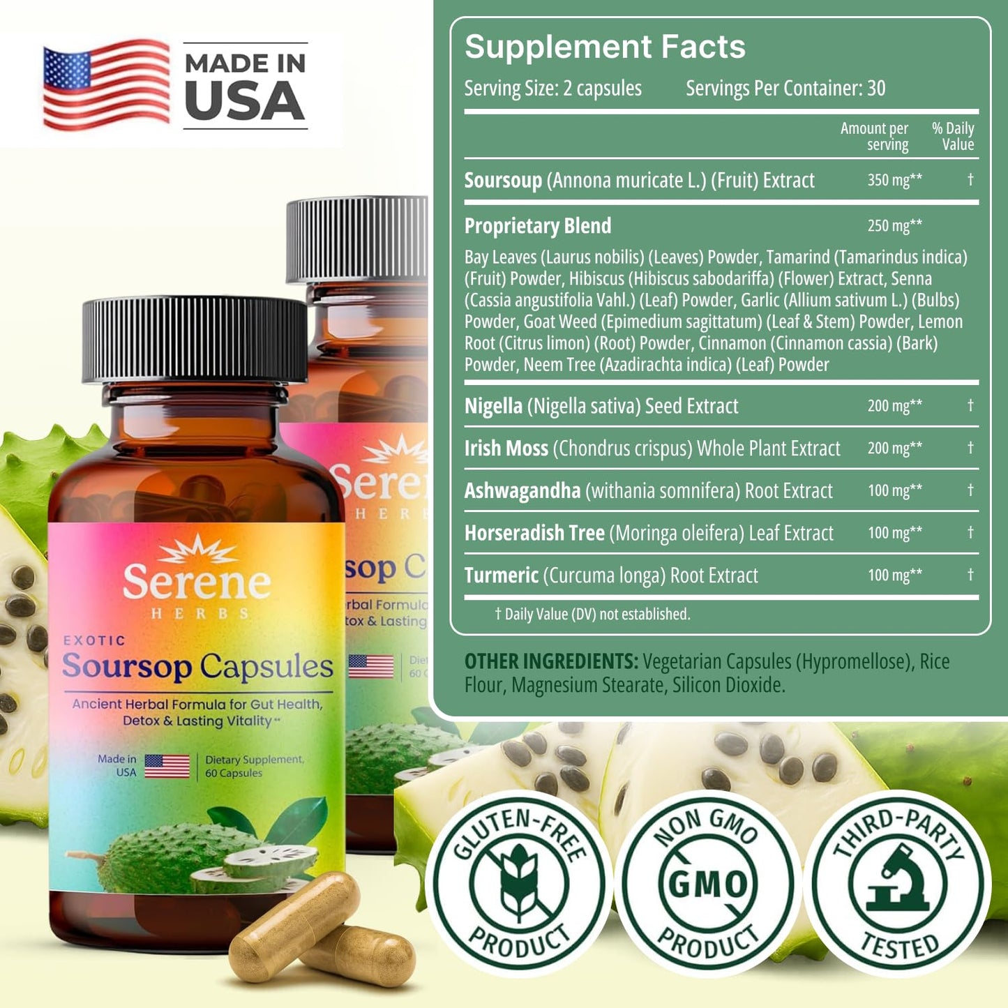 Serene Herbs Graviola Soursop Capsules Organic - Guanabana Extract Pills with Black Seed, Irish Moss & Moringa - 16 Herb Daily Supplements & Digestive Support - Vegan, Non-GMO (Pack of 1)