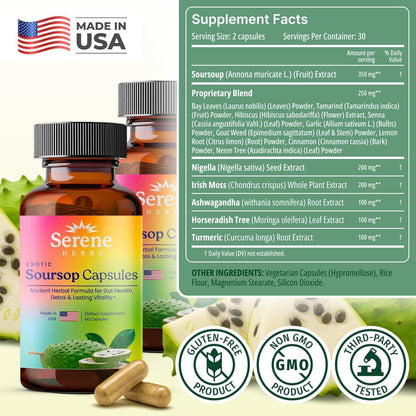 Serene Herbs Graviola Soursop Capsules Organic - Guanabana Extract Pills with Black Seed, Irish Moss & Moringa - 16 Herb Daily Supplements & Digestive Support - Vegan, Non-GMO (Pack of 1)