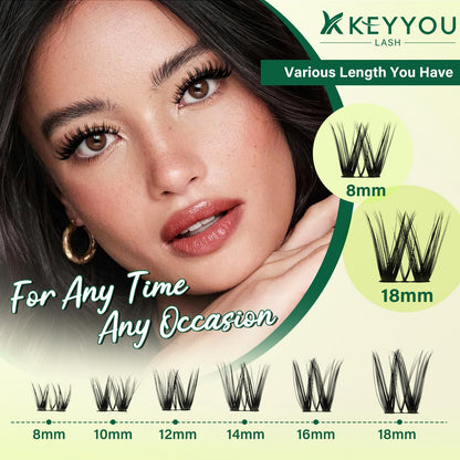 KEYYOU Flora Lash Clusters Kit Flaunt D Curl Natural Lashes 132pcs Lash Extension Kit 8-18mix Lash Clusters Fluffy Lashes with Ultra-Thin Soft Band with Remover Waterproof Bond and Seal(F01 Kit) KEYYOU
