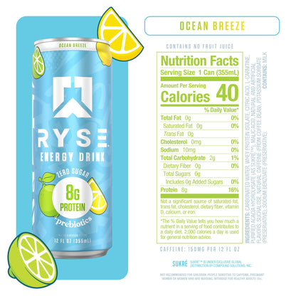 RYSE Functional Energy Drink - 5 Flavors Variety Pack - 150mg Natural Caffeine, 8g Whey Protein & 1g Prebiotics - Sugar Free, Gut-Friendly, Bloat-Free - 12 fl oz Cans (12-Pack)
