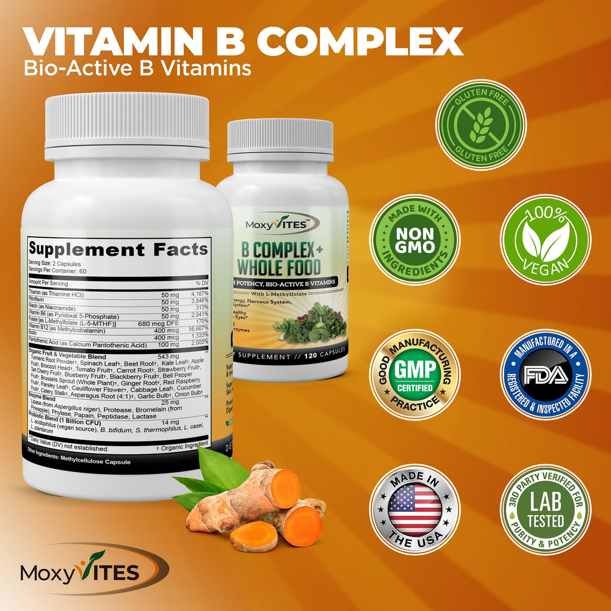 MoxyVites Vitamin B Complex - B Vitamins Whole Food Supplement, B12 Methylcobalamin, B1, B2, B3, B5, B6, B7, B9 - for Stress MoxyVites