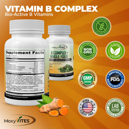 MoxyVites Vitamin B Complex - B Vitamins Whole Food Supplement, B12 Methylcobalamin, B1, B2, B3, B5, B6, B7, B9 - for Stress MoxyVites