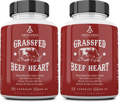 Ancestral Supplements Grass Fed Beef Heart Supplement, 3300mg, CoQ10 Supplement Supports Heart and Mitochondrial Health, Non-GMO, 180 Capsules