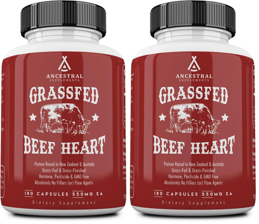 Ancestral Supplements Grass Fed Beef Heart Supplement, 3300mg, CoQ10 Supplement Supports Heart and Mitochondrial Health, Non-GMO, 180 Capsules