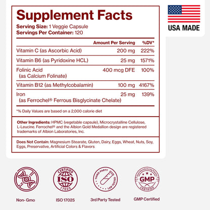 Iron Supplement for Women - Gentle Chelate Iron Bisglycinate 25mg with Vitamin C, B6, B12 Folic Acid – Supports Iron Deficiency Pure Micronutrients