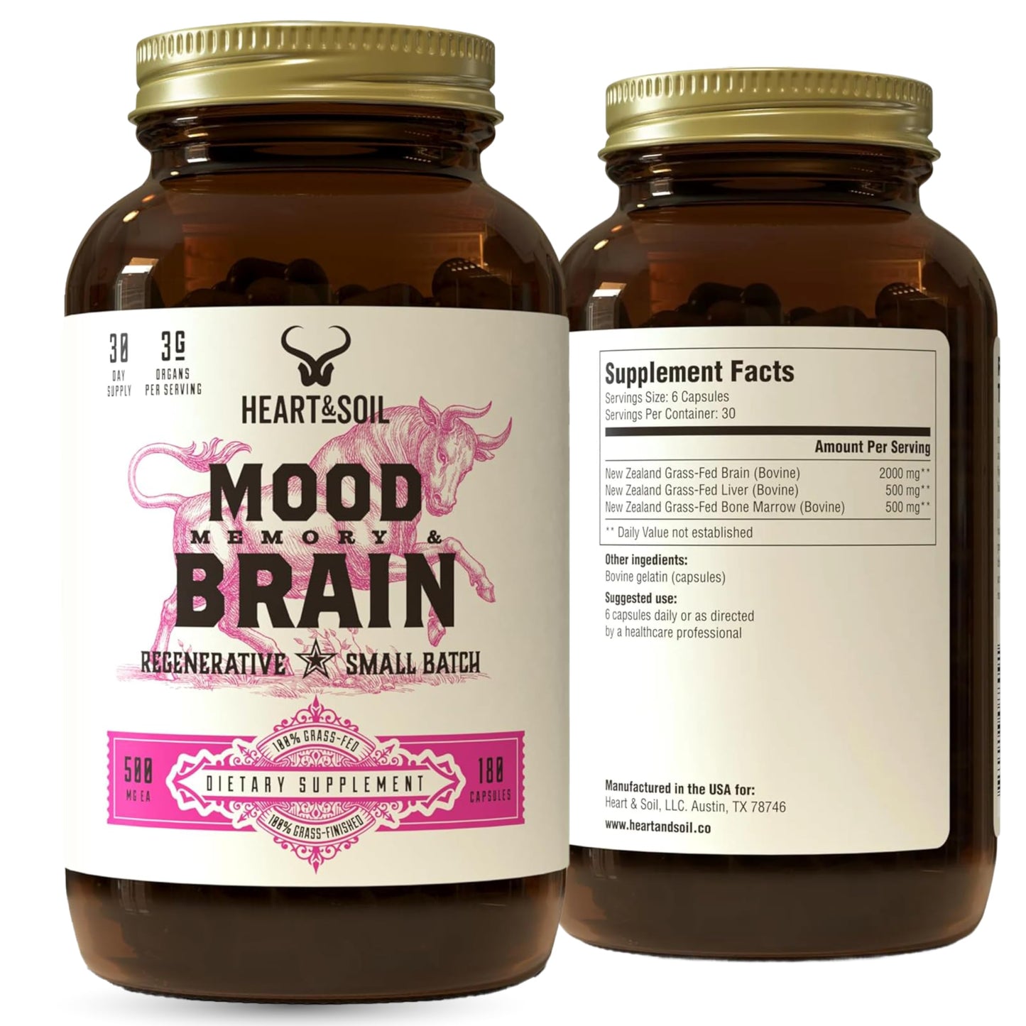 Heart & Soil – 100% Grass Fed & Finished Hair Skin and Nails Supplement from Regenerative Cattle with Cartilage, Liver, & Bone Marrow – 3000mg Beef Organs for Women & Men – Glass Bottle – 180 Capsules