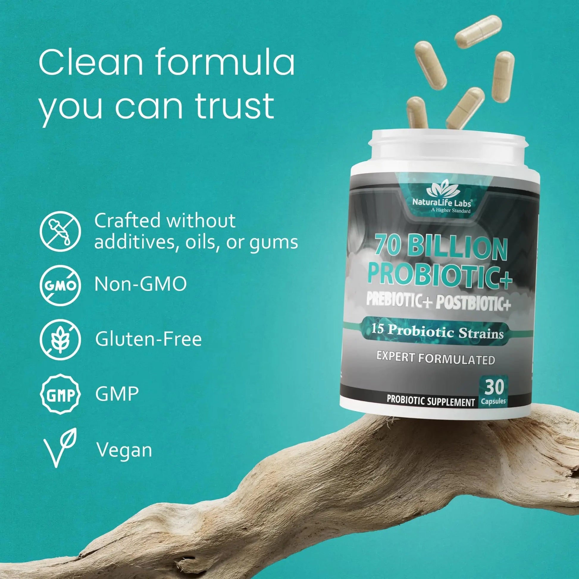 NaturaLife Labs Probiotics 70 Billion CFU – 15 Strains with Organic Prebiotic & Postbiotic – 3-in-1 Formula – 30 Vegan Capsules NaturaLife Labs buy australia supplements