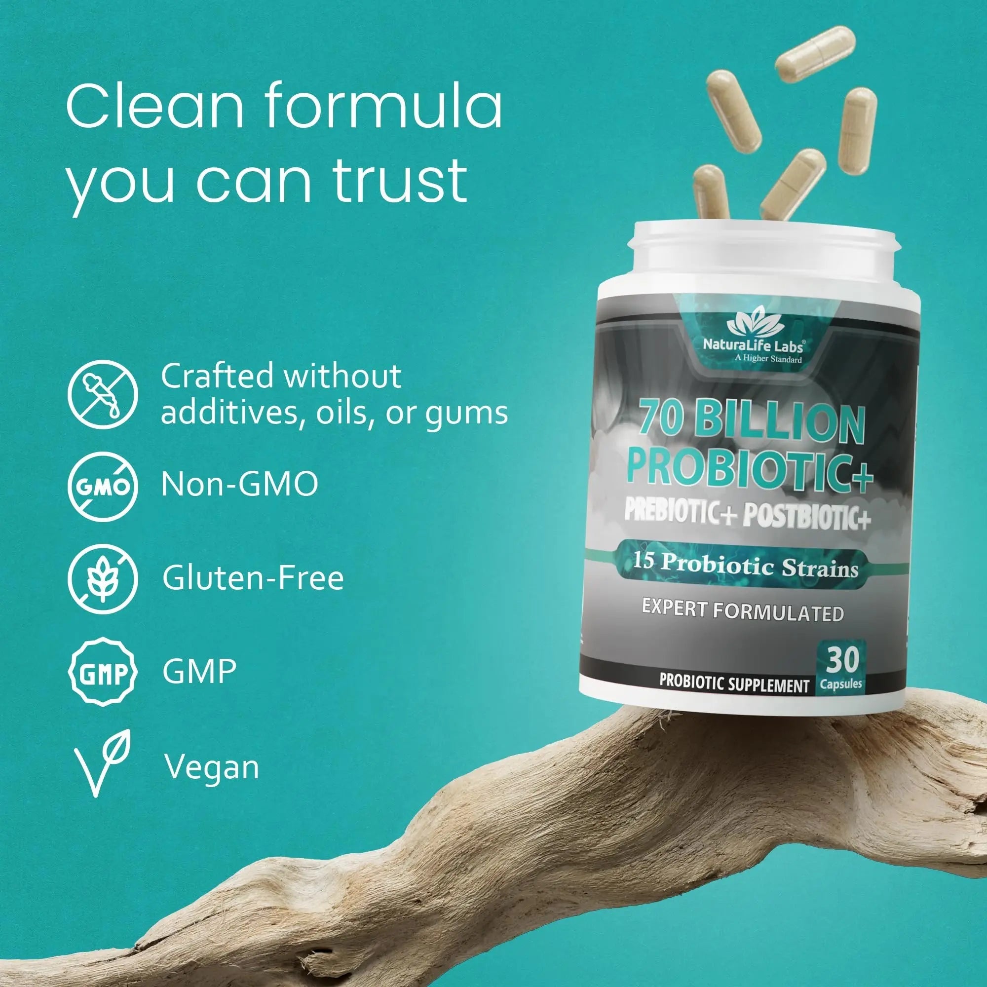 NaturaLife Labs Probiotics 70 Billion CFU – 15 Strains with Organic Prebiotic & Postbiotic – 3-in-1 Formula – 30 Vegan Capsules NaturaLife Labs buy australia supplements