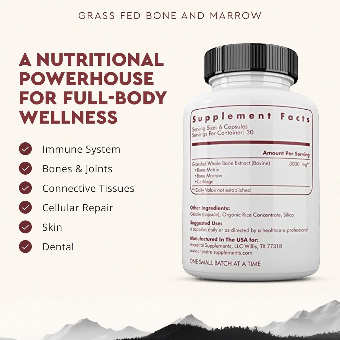 Ancestral Supplements Grass-Fed Beef Liver & Bone Marrow Capsules, 3000mg, Supports Energy, Digestion, Immunity, Skin, Oral Health, Joint Wellness, Non-GMO, Freeze-Dried, 180 Capsules