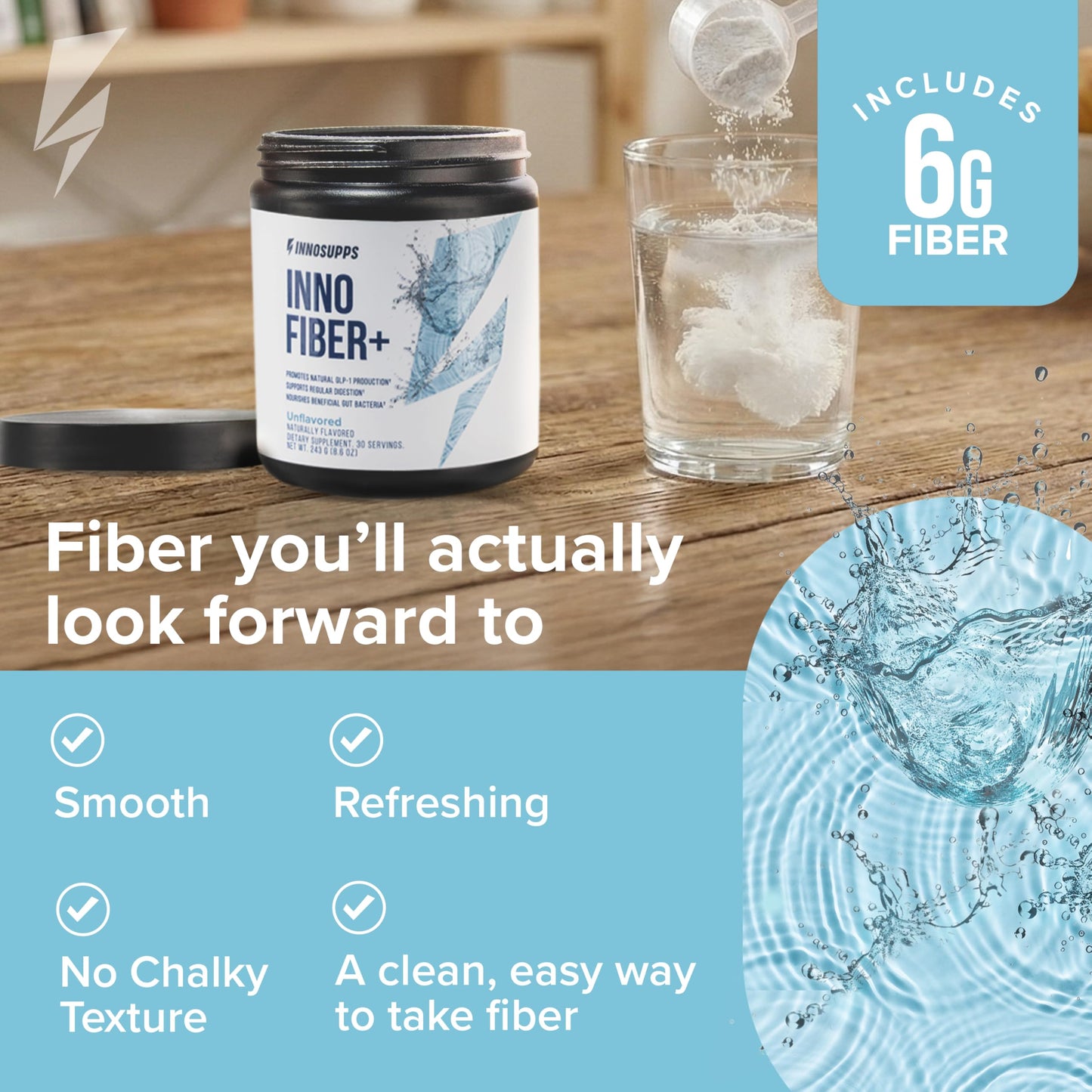 Inno Fiber+ 6g Daily 3-in-1 Fiber Supplement + Prebiotic, Probiotic, and Postbiotic for Men & Women, Supports Digestive Health, Gut Health, 30 Servings