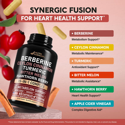 Berberine with Ceylon Cinnamon | Bitter Melon (Karela) | Apple Cider Vinegar | Hawthorn Berry | Citrus Bergamot | Turmeric - 15-in-1 Supplement for Heart Support NUTRAHARMONY