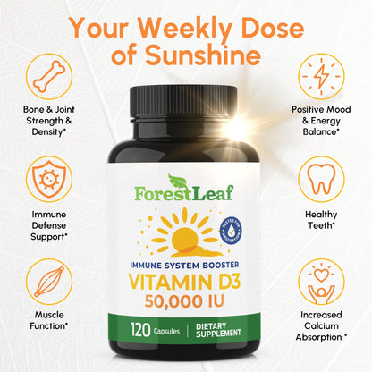 ForestLeaf Vitamin D3 50,000 IU | VIT D - Kosher VIT D3 Vitamin D Supplement for Women and Men | Bone Health, Teeth, Immune Support ForestLeaf