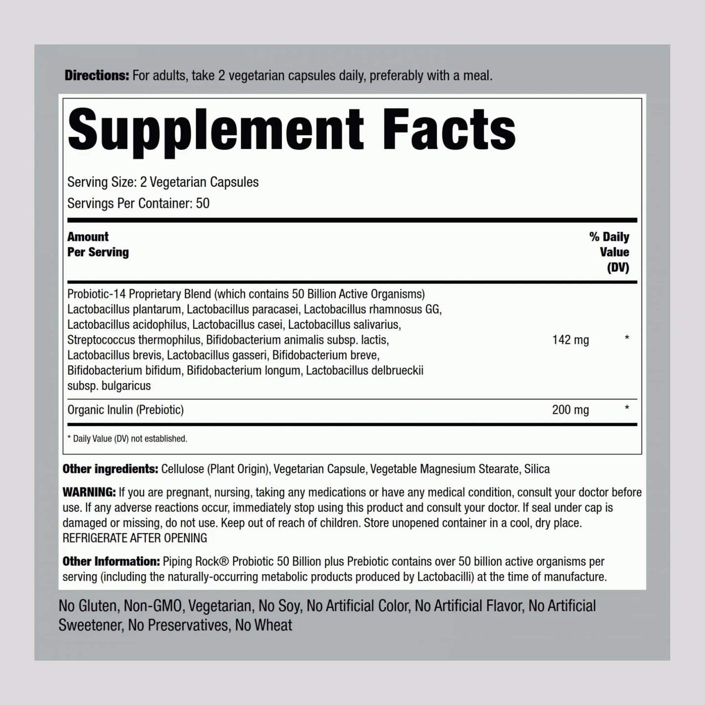 Piping Rock Probiotic and Prebiotic for Women and Men | 50 Billion CFU | 100 Capsules | Ultimate 14 Strain Supplement | Vegetarian, Non-GMO, Gluten Free Piping Rock