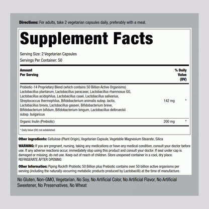 Piping Rock Probiotic and Prebiotic for Women and Men | 50 Billion CFU | 100 Capsules | Ultimate 14 Strain Supplement | Vegetarian, Non-GMO, Gluten Free Piping Rock