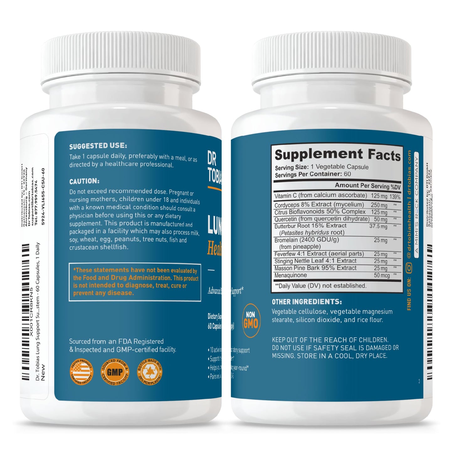 Dr. Tobias Lung Health - Lung Support Supplement with Vitamin C, Butterbur, Quercetin & Bromelain | Lung Cleanse & Detox Formula for Bronchial & Respiratory System Non-GMO (60 Capsules, 60 Servings)