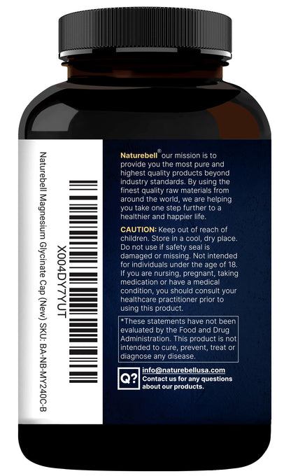 Naturebell Pure Magnesium Glycinate 500mg, 240 Veggie Capsules | 100% Chelated & Purified – 3rd Party Tested, Vegan Friendly, Non-GMO, Filler Free NatureBell