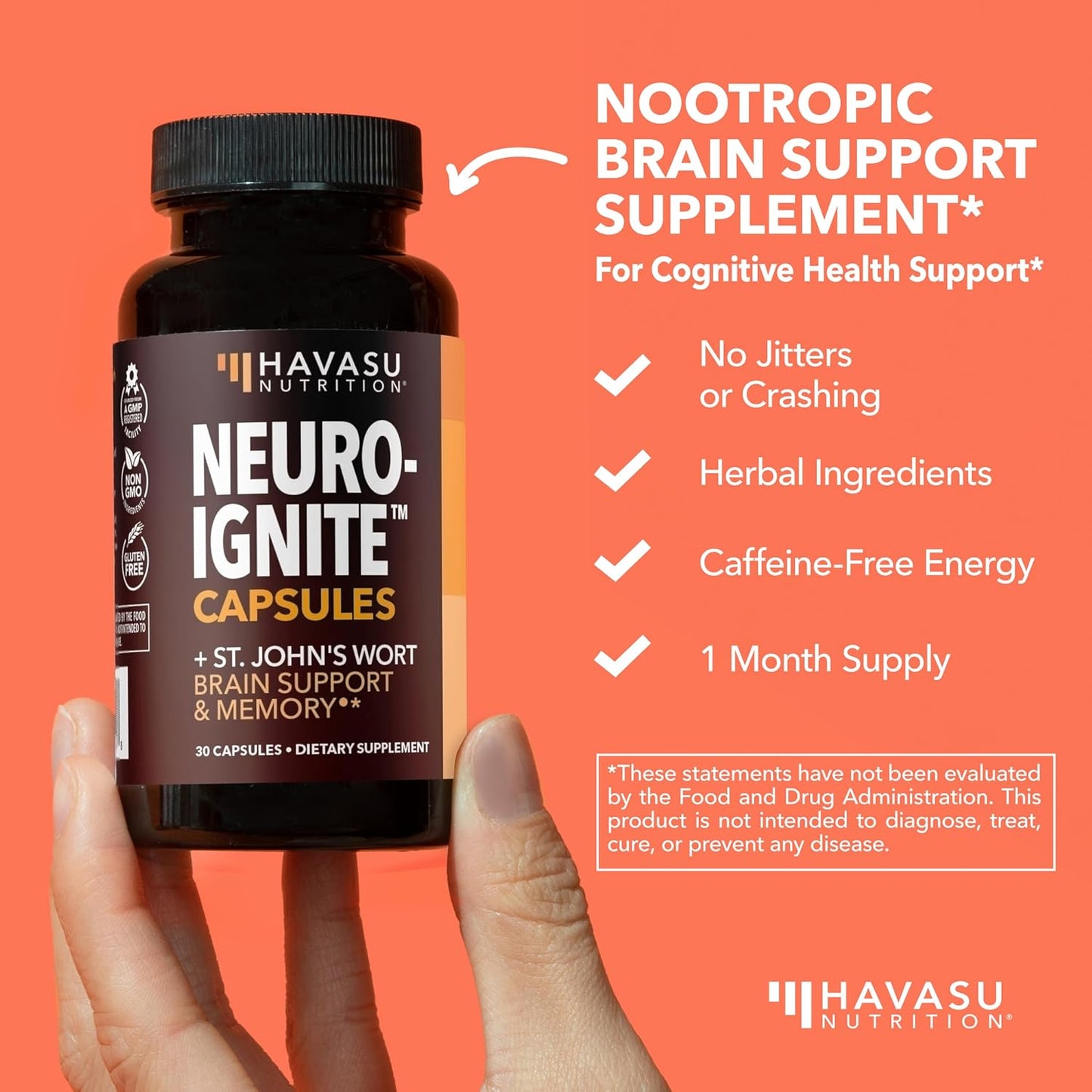 NeuroIGNITE Nootropic Brain Supplement for Memory and Focus, 30 Count | Vegan, Non-GMO Nootropic with Bacopa, Ginkgo Biloba, St. John's Wort for Cognitive Health and Mental Clarity, 30 Servings Gsupps Australia