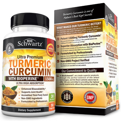 Turmeric Curcumin with Black Pepper Extract 1500mg - High Absorption Ultra Potent Turmeric Supplement with 95% Curcuminoids and BioPerine BioSchwartz