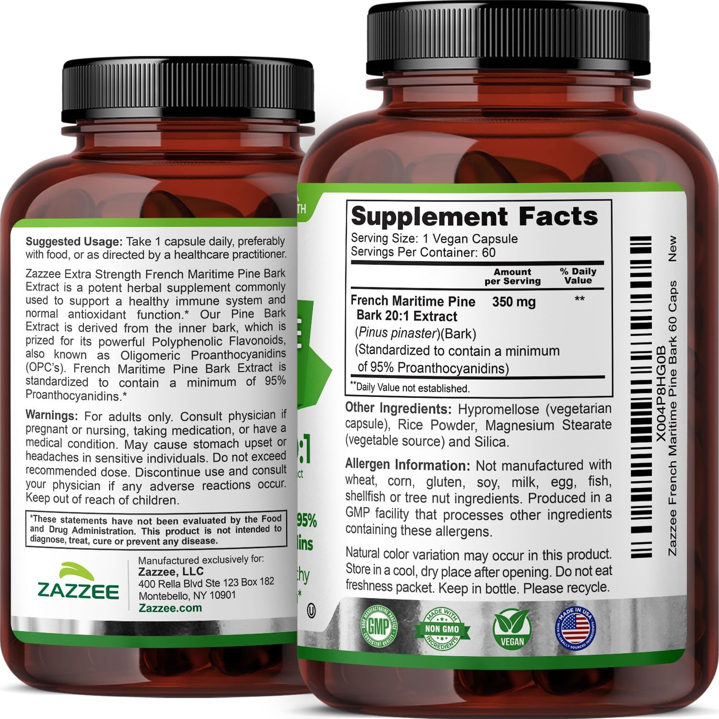 Zazzee Extra Strength French Maritime Pine Bark Extract 20:1, 180 Capsules | 350 mg Per Capsule, 95% Proanthocyanidins, Vegan, 6 Month Supply, Certified Kosher, Antioxidant Support, Non-GMO, Made in USA Gsupps Australia