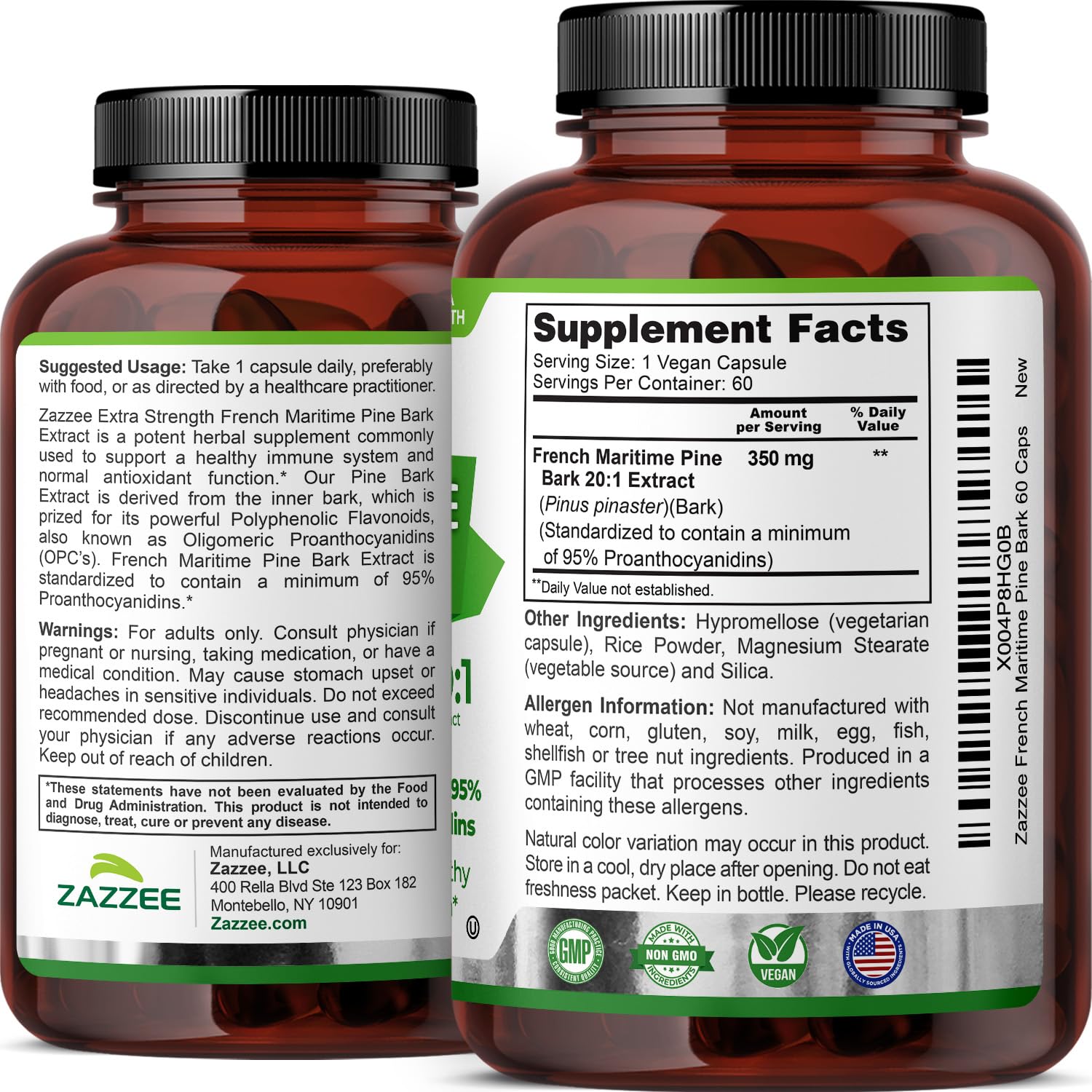 Zazzee Extra Strength French Maritime Pine Bark Extract 20:1, 180 Capsules | 350 mg Per Capsule, 95% Proanthocyanidins, Vegan, 6 Month Supply, Certified Kosher, Antioxidant Support, Non-GMO, Made in USA Gsupps Australia