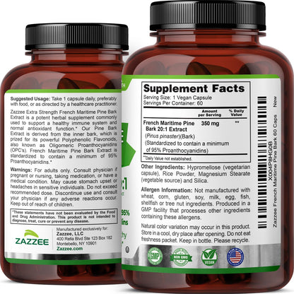Zazzee Extra Strength French Maritime Pine Bark Extract 20:1, 180 Capsules | 350 mg Per Capsule, 95% Proanthocyanidins, Vegan, 6 Month Supply, Certified Kosher, Antioxidant Support, Non-GMO, Made in USA Gsupps Australia