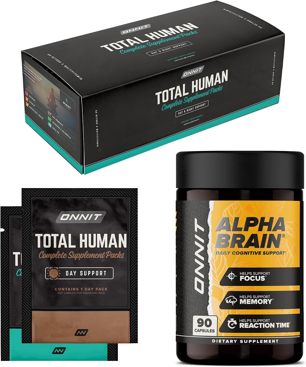 ONNIT Daily Performance & Wellness Bundle: Alpha Brain Nootropic Capsules (90 Count) + Total Human Day & Night Packs (30-Day Supply), IGEN Non-GMO Tested Focus, Energy & Clarity, Pack of 2