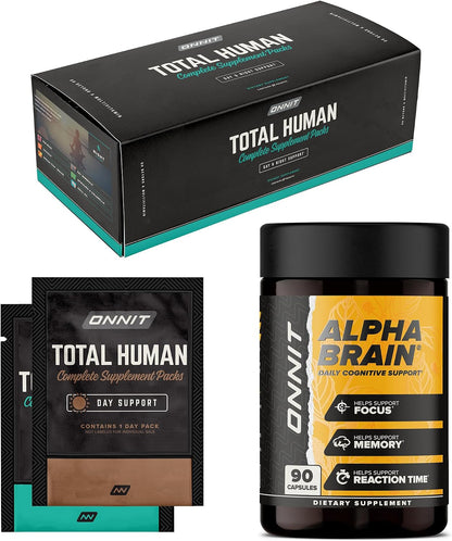 ONNIT Daily Performance & Wellness Bundle: Alpha Brain Nootropic Capsules (90 Count) + Total Human Day & Night Packs (30-Day Supply), IGEN Non-GMO Tested Focus, Energy & Clarity, Pack of 2