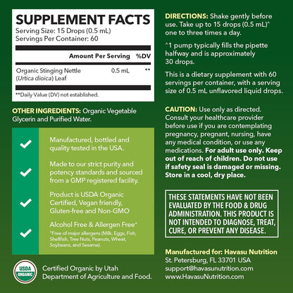 Organic Stinging Nettle Leaf Extract, Urinary Support, Unflavored, 1 Fl Oz | Stinging Nettle Tincture for Men and Women, USDA Certified, Vegan, Gluten Free, Non-GMO Herbal Tincture, 60 Servings Gsupps Australia