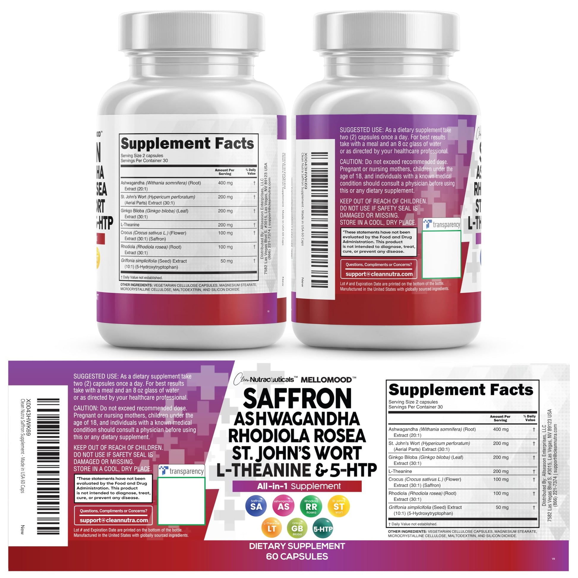 Clean Nutraceuticals Saffron Supplements Extract 100mg + Ashwagandha L-Theanine 200mg - Mood Support Ginkgo Biloba, St. John's Wort, Rhodiola Rosea & 5-HTP Capsules Pills Men Women Clean Nutraceuticals buy australia supplements