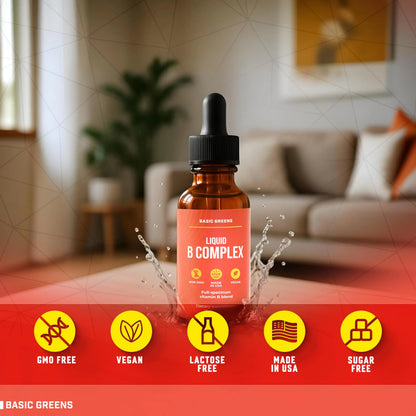 BASIC GREENS Vitamin B Complex Liquid Drops - Strength Sublingual Formula, Maximizes Absorption & Boosts Energy - B1, B2, B3, B5, B6, B7, B9, B12 - Natural Vegan Supplement BASIC GREENS
