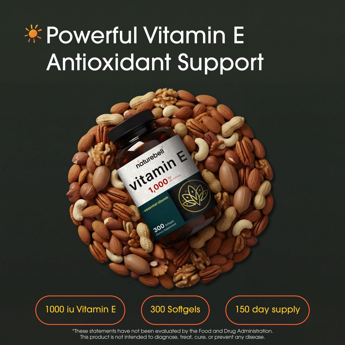 NatureBell Vitamin E 1,000 IU Per Serving - 300 Softgels - Antioxidant Supplement for Skin, Heart & Brain Health Support NatureBell