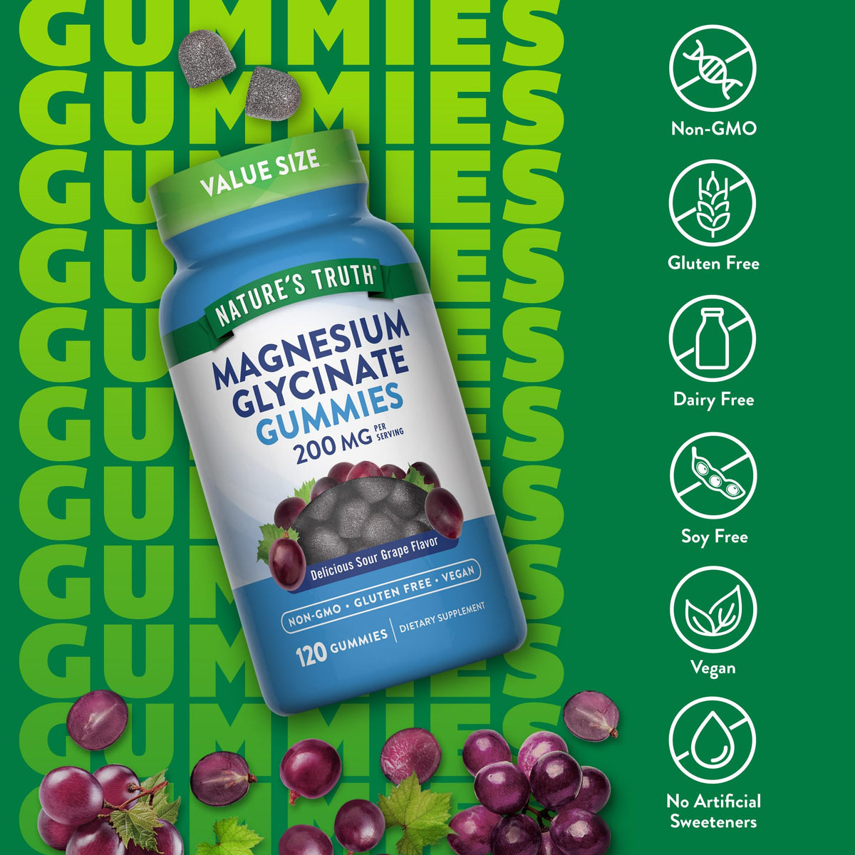 Nature's Truth Magnesium Glycinate Gummies for Adults | 200mg | 120 Count | Grape Flavor | Vegan, Non-GMO & Gluten Free Supplement Nature's Truth