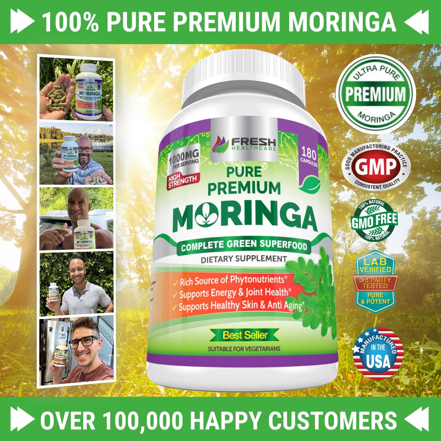 FRESH HEALTHCARE Moringa Capsules – 100% Pure Leaf Powder - 180 Pills, Non-GMO - 3 Month Supply - Complete Green Superfood for Energy FRESH HEALTHCARE