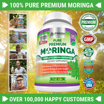 FRESH HEALTHCARE Moringa Capsules – 100% Pure Leaf Powder - 180 Pills, Non-GMO - 3 Month Supply - Complete Green Superfood for Energy FRESH HEALTHCARE