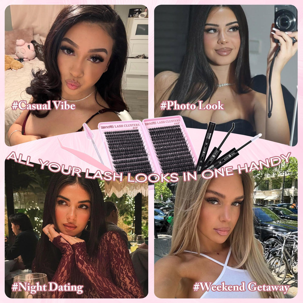 Lash Clusters Kit Fluffy 80D 100D Eyelash Clusters Kit 544PCS Wispy Cluster Eyelash Extensions D Curly Individual Lashes 8-16mm Soft Band DIY at Home with Lash Bond&Seal Tweezers Brush by zenotti zenotti
