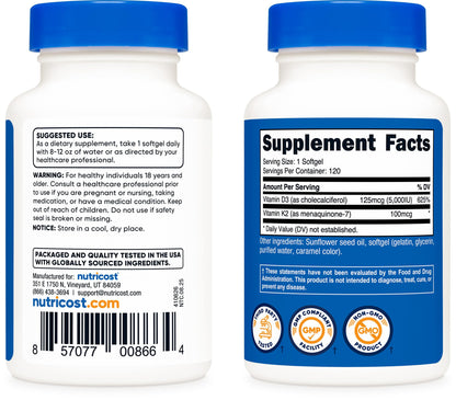 Nutricost Vitamin D3 + K2 (5000 IU D3 / 100mcg MK7), 120 Softgels – Gluten-Free & Non-GMO Nutricost