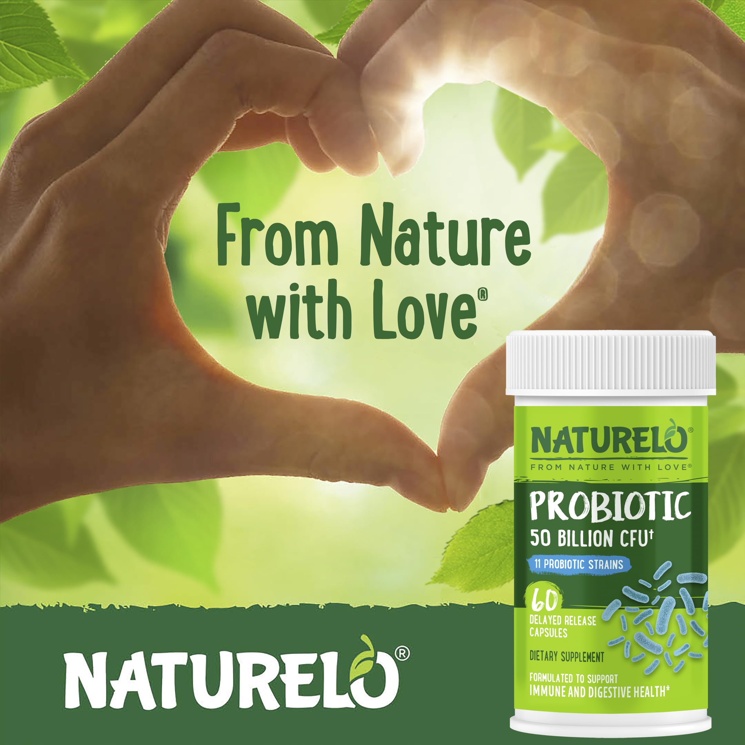NATURELO Probiotics for Digestive Health - 50 Billion CFU, 11 Strains, Daily Use Supplement - Boosts Immune System, Delayed Release,