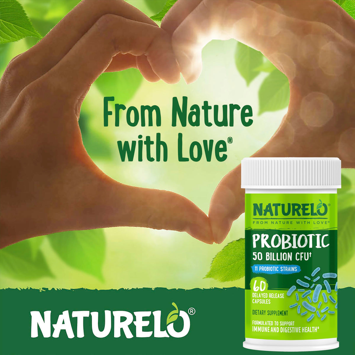 NATURELO Probiotics for Digestive Health - 50 Billion CFU, 11 Strains, Daily Use Supplement - Boosts Immune System, Delayed Release, NATURELO