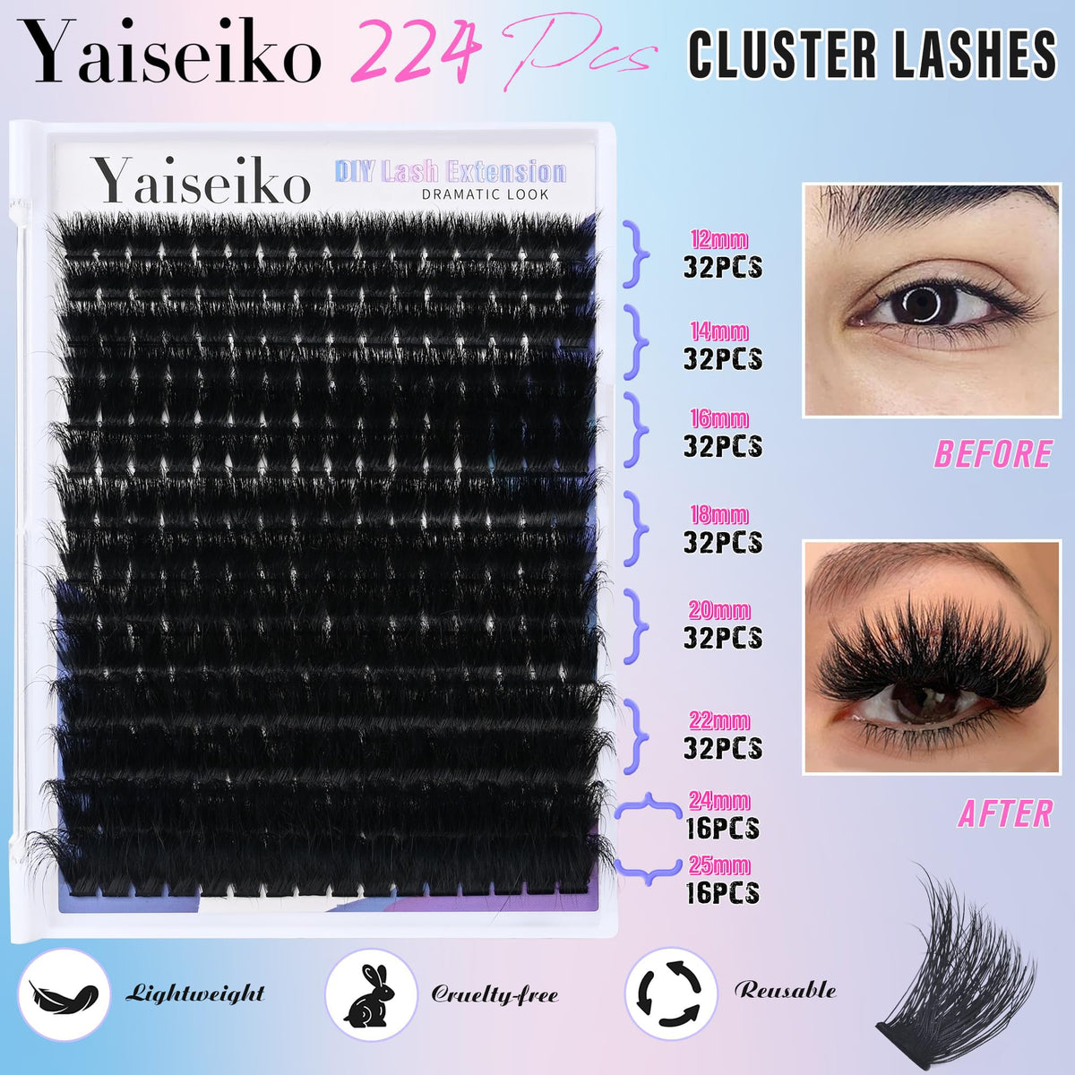 Yaiseiko Fluffy Lash Clusters 300D Thick Long 12-25mm Volume Cluster Eyelash Extensions 224Pcs Wispy Individual Lashes D Curl Waterproof Eyelash Clusters Soft False Eyelashes DIY at Home Yaiseiko