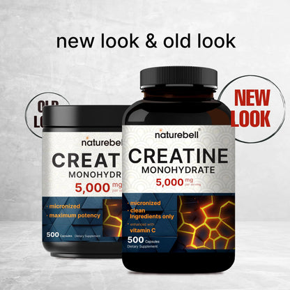 NatureBell Creatine Monohydrate Capsules 5,000mg Per Serving, 500 Count | Micronized, Unflavored Creatine Pills | Pre-Workout & Muscle Strength Support NatureBell