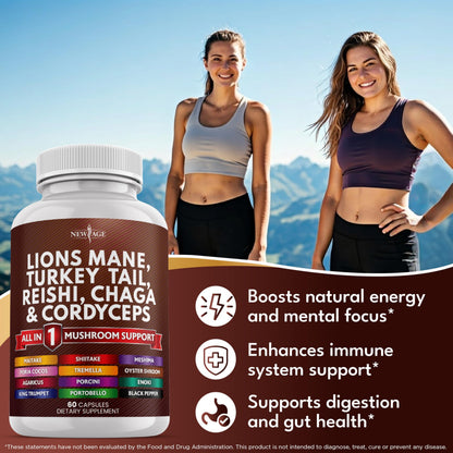 NEW AGE Lions Mane Mushroom Supplement with Turkey Tail Reishi Cordyceps Chaga with Marshmallow Root - 120 Count NEW AGE