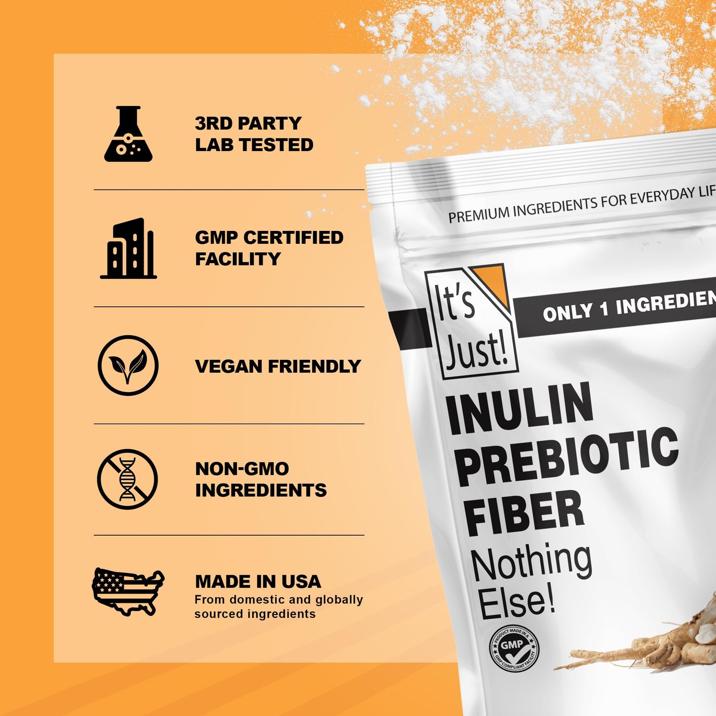 It's Just! - Inulin Prebiotic Fiber, Water Soluble, Chicory Root Powder, Promotes Gut Health, Made in USA, Product of Belgium, Vegan/Keto Friendly It's Just!