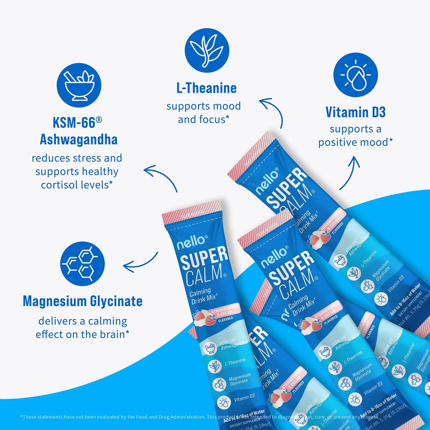 Nello Supercalm Powdered Drink Mix, Cortisol Reducer*, Sleep Aid Supplement, L Theanine, Ksm-66 Ashwagandha, Magnesium Glycinate, Vitamin D 3, No Sugar Nello